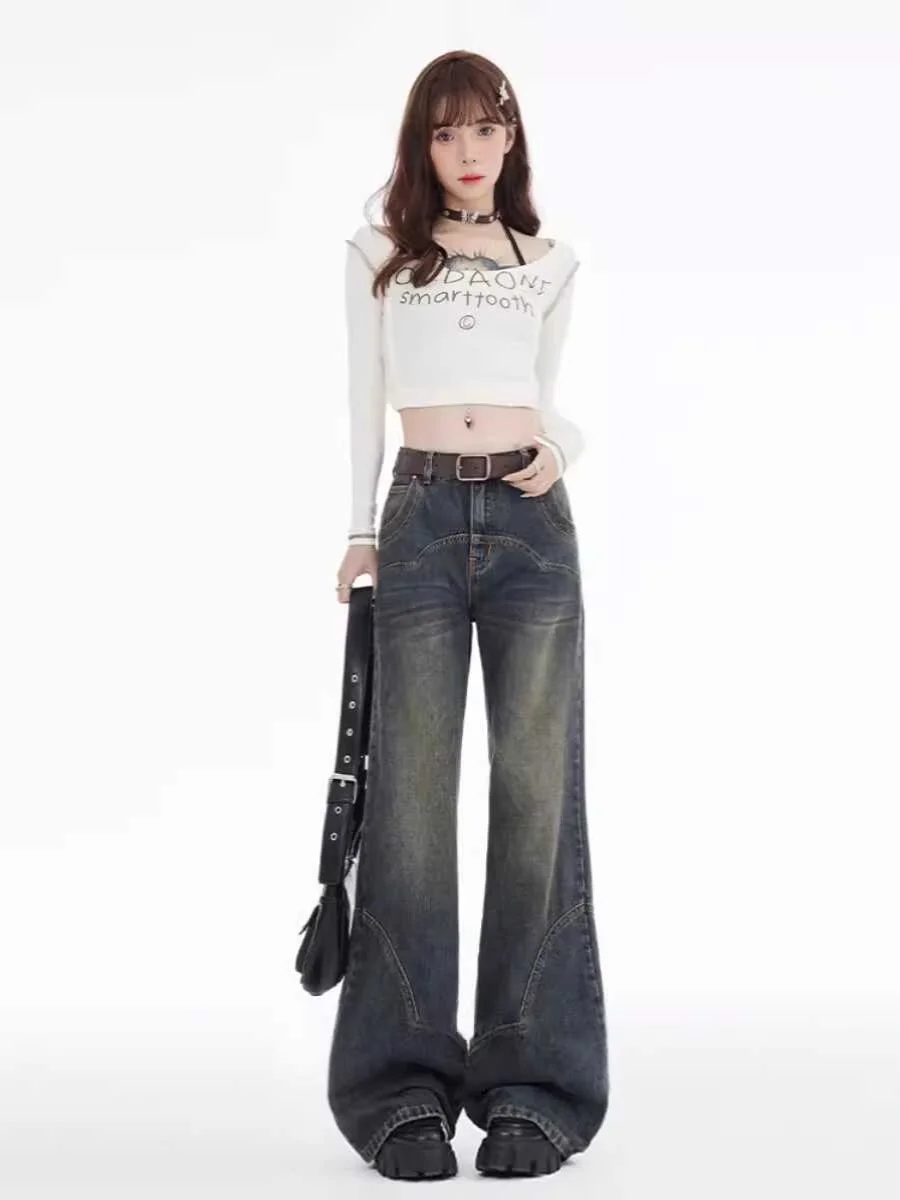 

American Retro High Waist Bell Bottom Jeans Women's Autumn Winter New Loose Slimming Fleece Wide Leg Straight Cut Pants