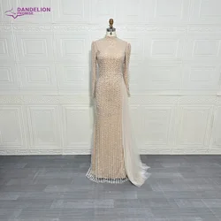 Luxury Evening Dresses 2024 For Women Muslim Beaded High-Neck Arabic Mermaid with Tulle Overskirt Wedding Party Formal Gowns