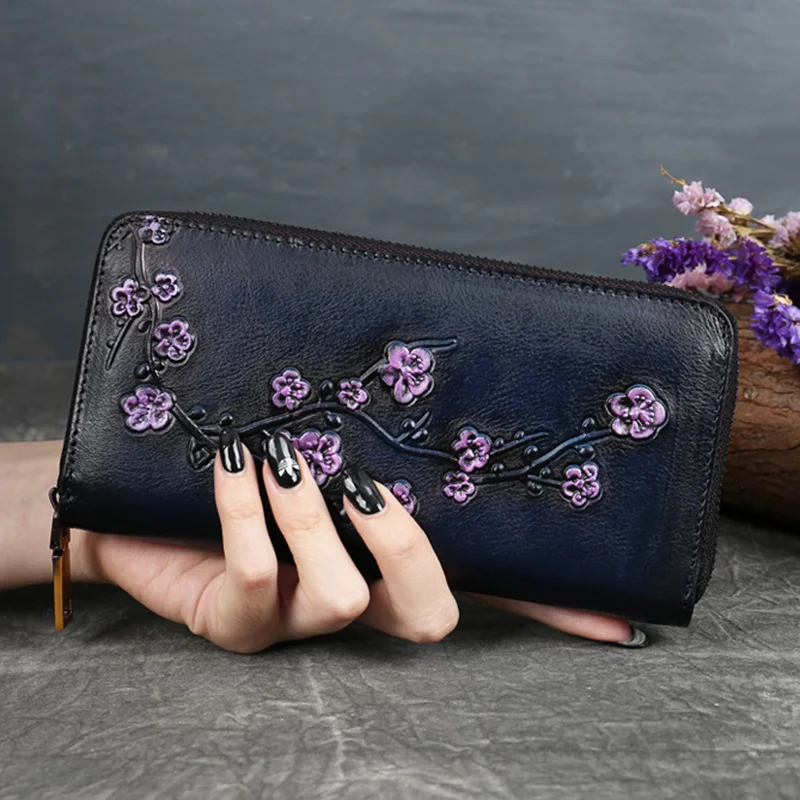 

Women Genuine Leather Long Wallet Purse Clutch Bag Credit ID Card Cash Holder Plum Bossom Female Natural Skin Zipper Money Bags