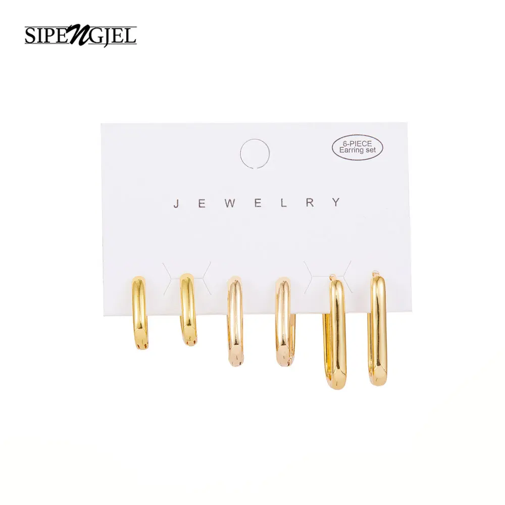 SIPENGJEL 6 Pcs Gold Color Geometric U Shape Hoop Earrings Set For Women Square Rectang Earrings Wedding  Jewelry Set 2023