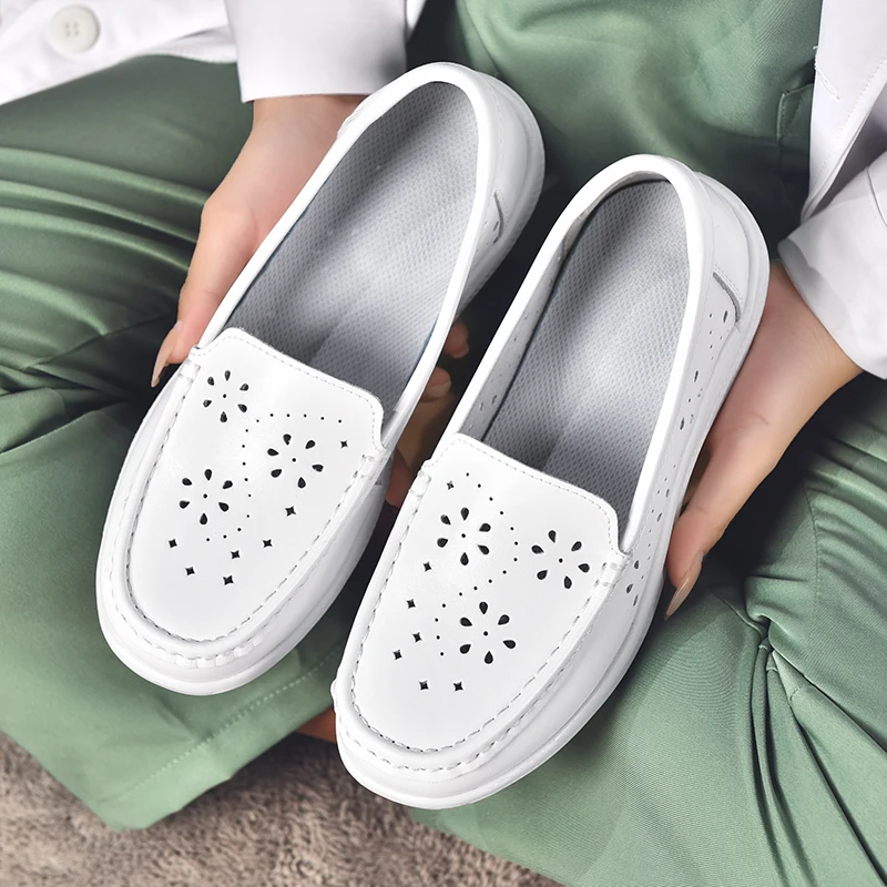 STRONGSHEN Women Flat Shoes Leather Loafers Soft Sole White Nurse Shoe Ladies Office Anti-Skid Casual Hollw Out Work Shoes