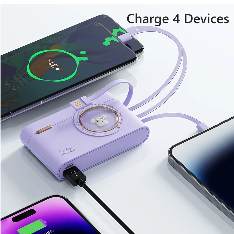 باور بانك لطيف على طراز الرسوم المتحركة بقدرة 10000 مللي أمبير في الساعة، كابلات مدمجة، شاحن محمول، بطارية خارجية لهاتف iPhone Huawei Android