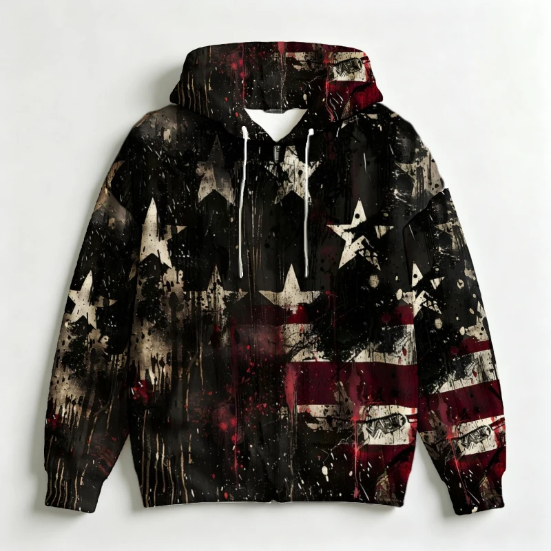Men Zip Hooded Sweatshirt 3D Retro Usa Flag Star Textured Graphic Drawstring Stylish Daily Outer Garment For Male