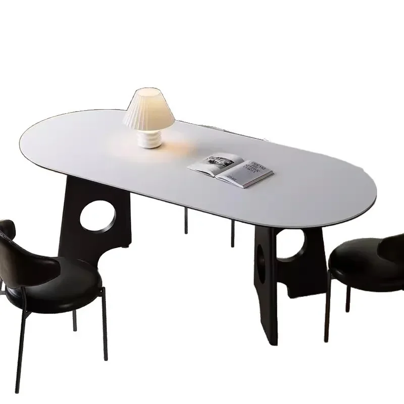 Solid wood black dining table French retro home small dining table Italian medieval style white slate dining table and chair