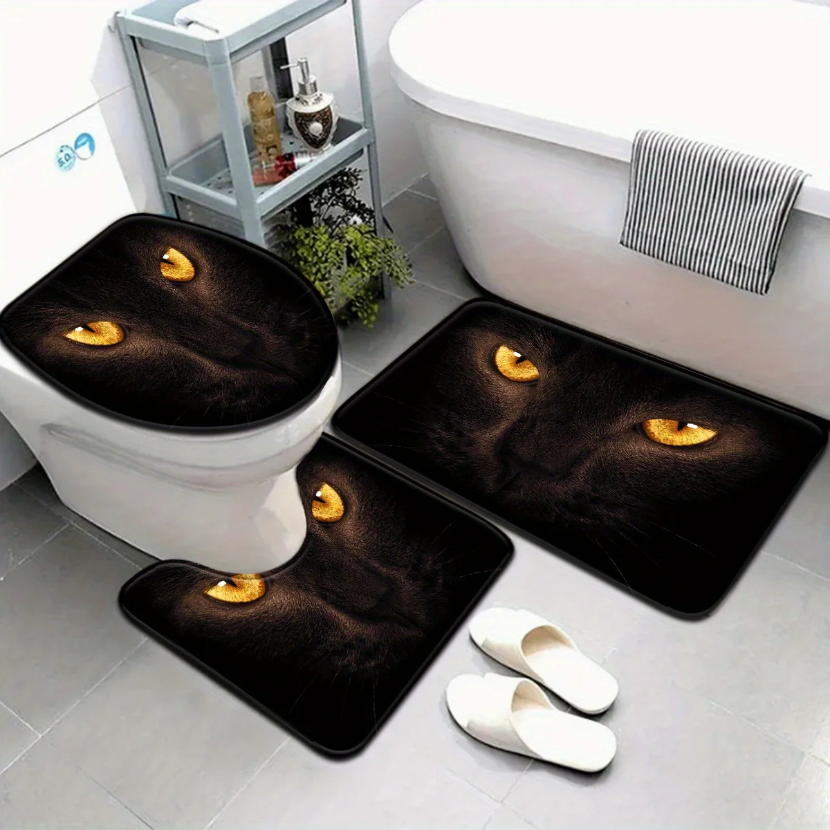 

3-pc animal series mysterious kitten eye pattern bathroom mat set toilet mat U-shaped foot mat suitable for bathroom decoration