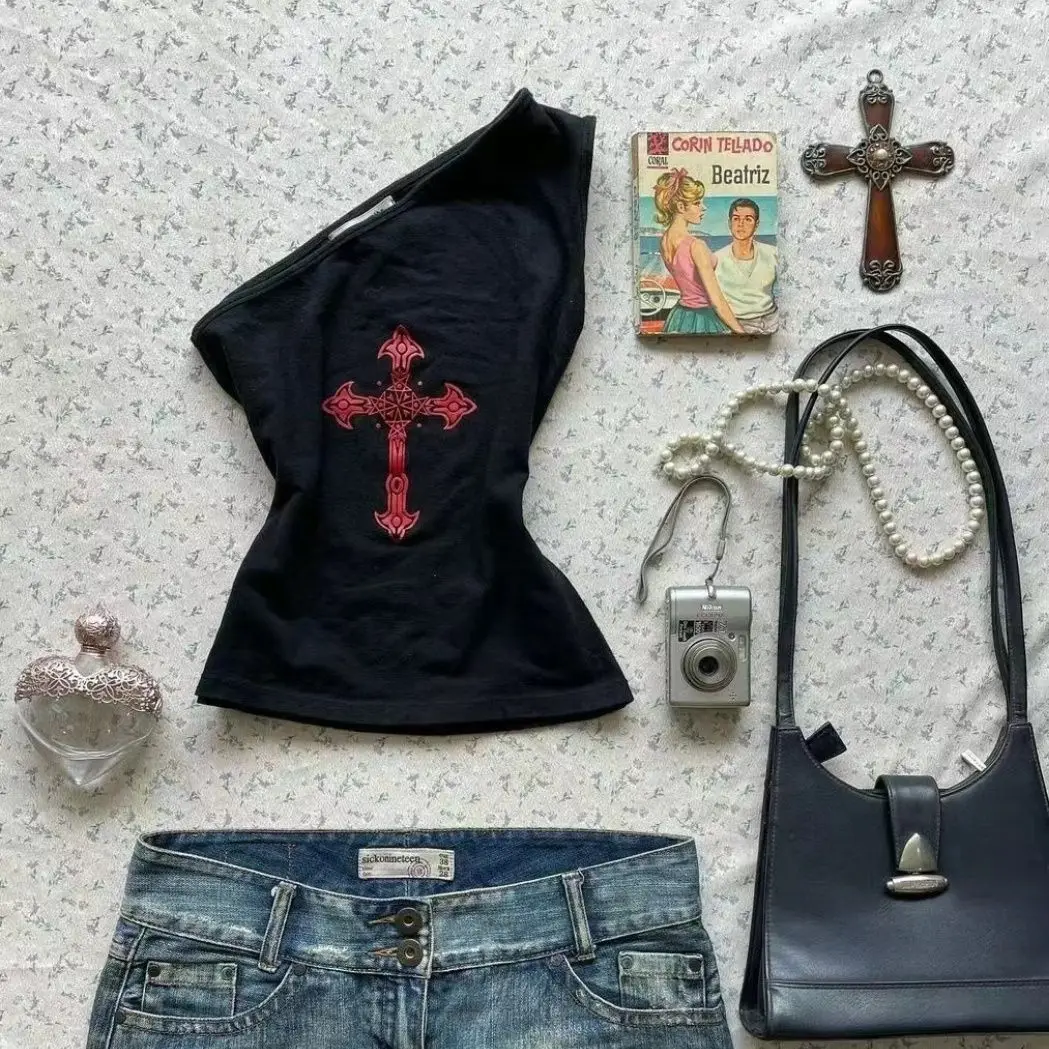 Y2k Clothes Woman Summer Dew Shoulder Goth The Cross Graphic T shirts 90s Punk Streetwear Crop Top Sexy Sleeveless Female Tank