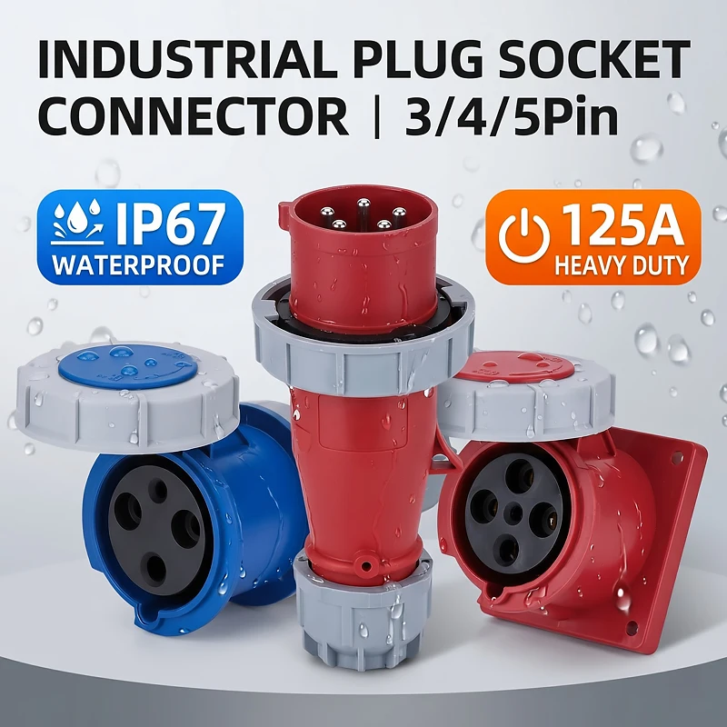 Промышленная силовая розетка CEE 125A IP67 – набор разъемов 3/4/5-контактных 380В/415В (папа/мама), прочный корпус, для 