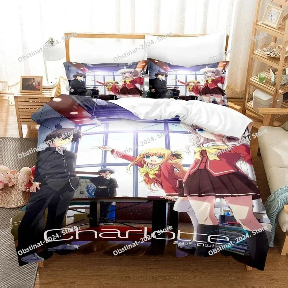 New 3D Anime Kawaii Girls Charlotte Bedding Set Print With Pillowcase Bed Duvet Cover Soft Single Double Queen Super King Size