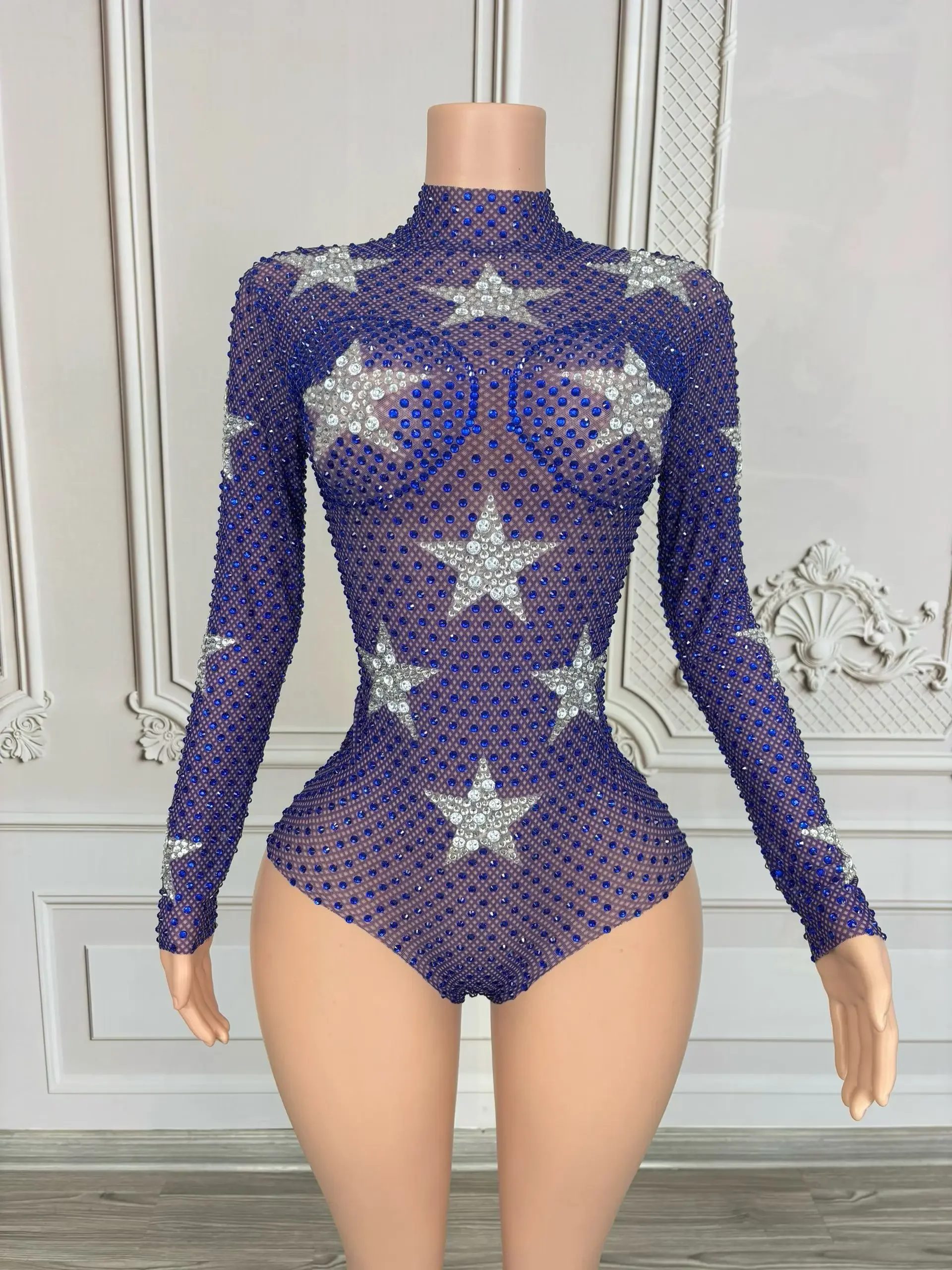 Show girl costume Luxury Party OutfitSilver Pentagram Blue Rhinestone Bodysuit See Through Mesh  High Cut Thong One Piece Leotar