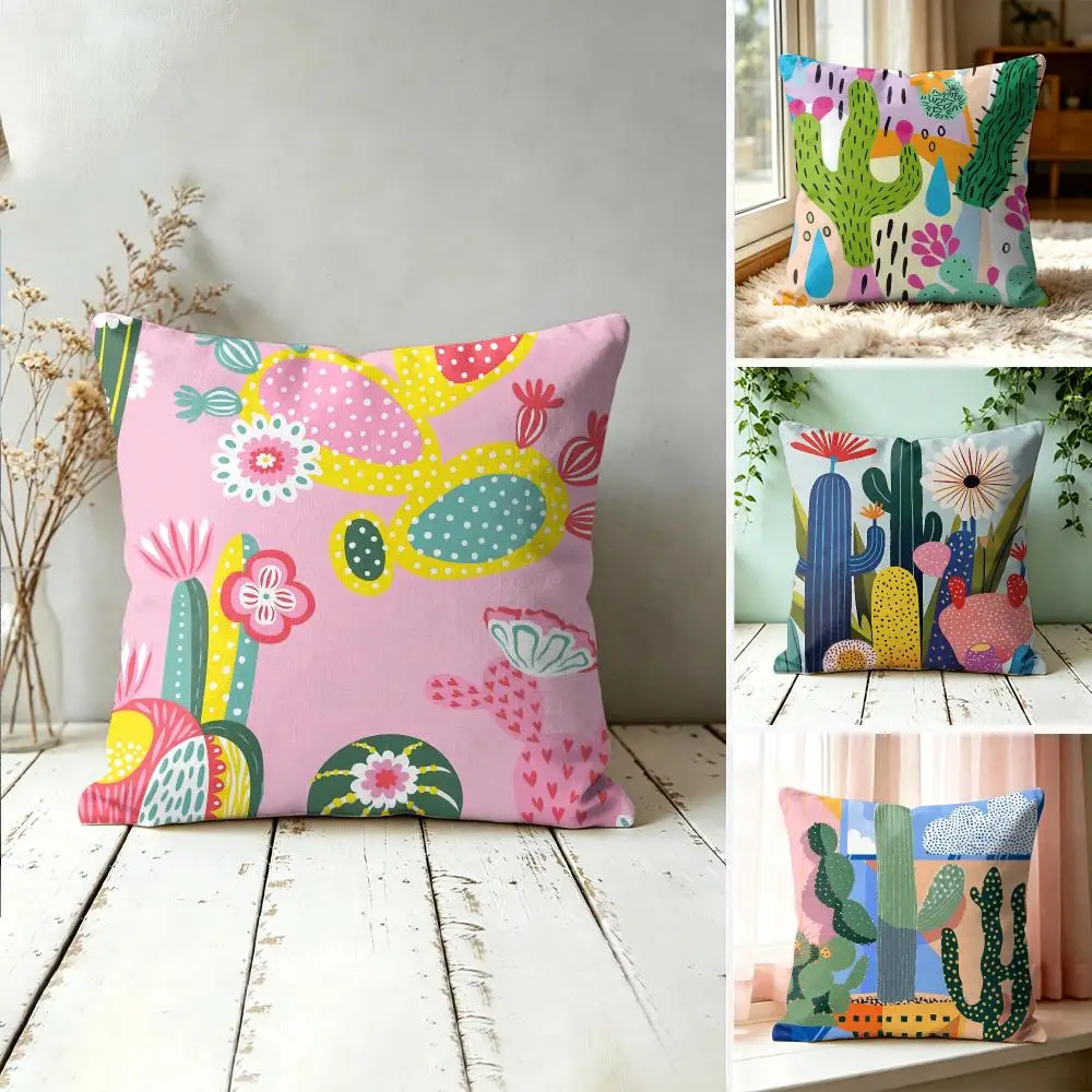 Colorful Cactus Cartoon Art Cushion Cover Square Decorative Throw Pillow 40x40cm For Sofa Bedroom Living Room Home Decor