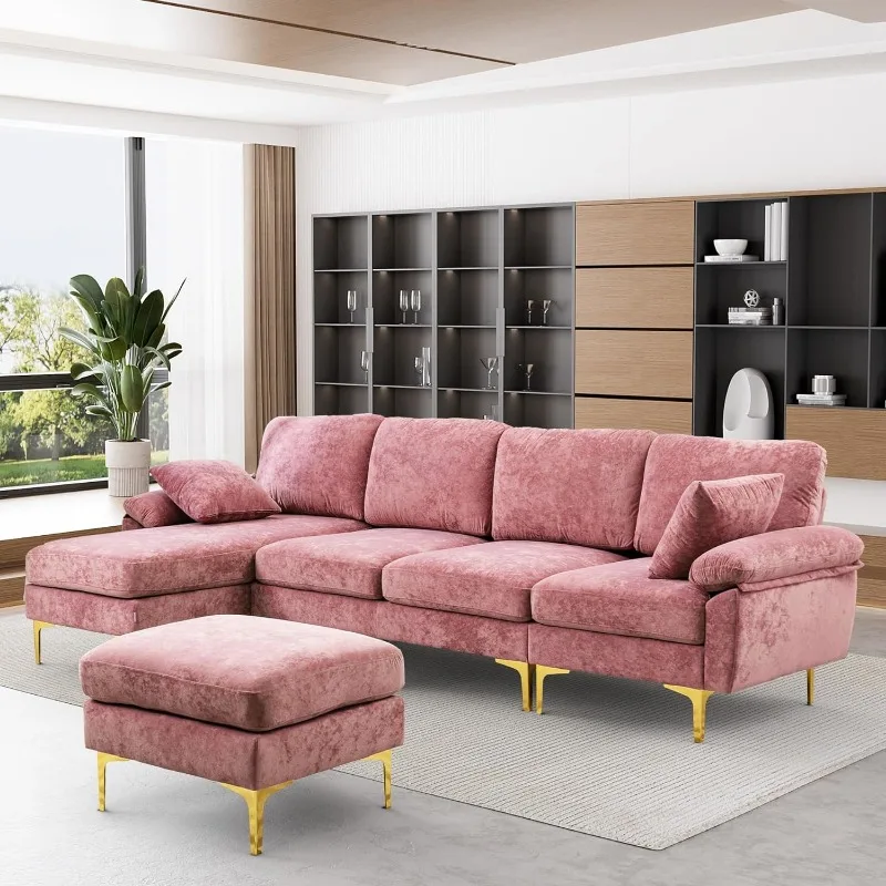 Divano componibile a forma di U, Set di divani a 4 posti per soggiorno, divano convertibile in velluto a forma di L con Chaise Lounge