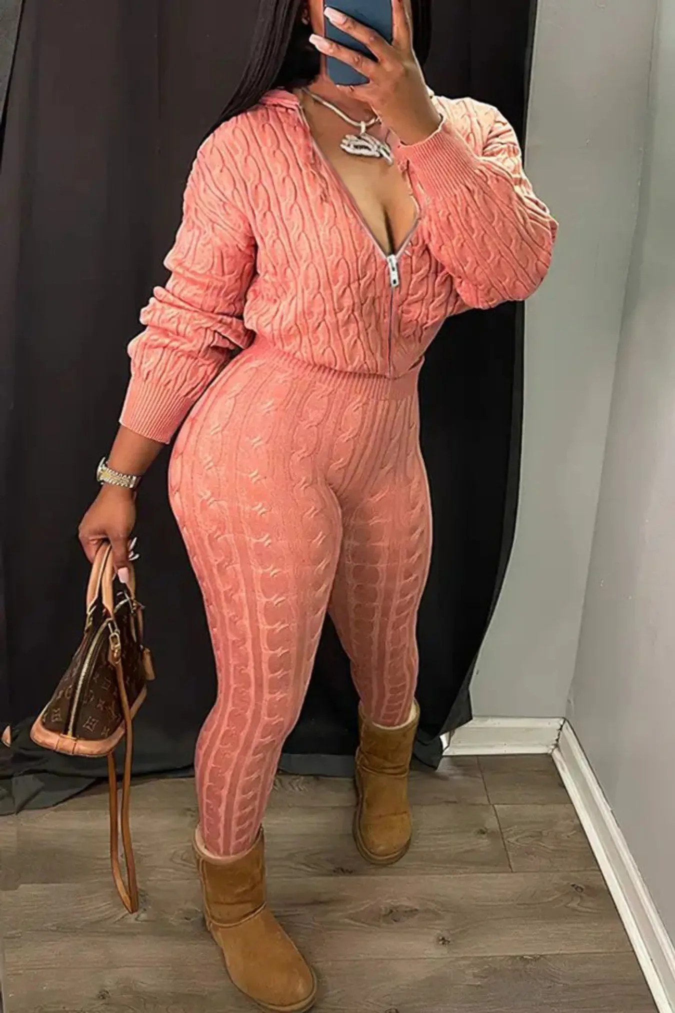 

Women's Pink Cable Knit Two-Piece Set Zip-Up Hooded Crop Top And Leggings Casual Long Sleeve Outfit