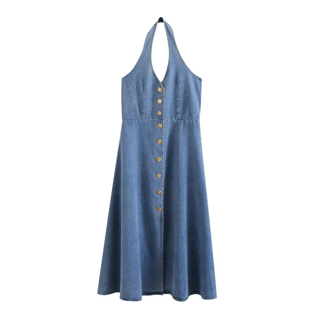 

Women's New Fashion Button up Decoration Casual Cowboy Hanging Neck Midi Dress Retro Sleeveless Open Back Women's Dress Mujer