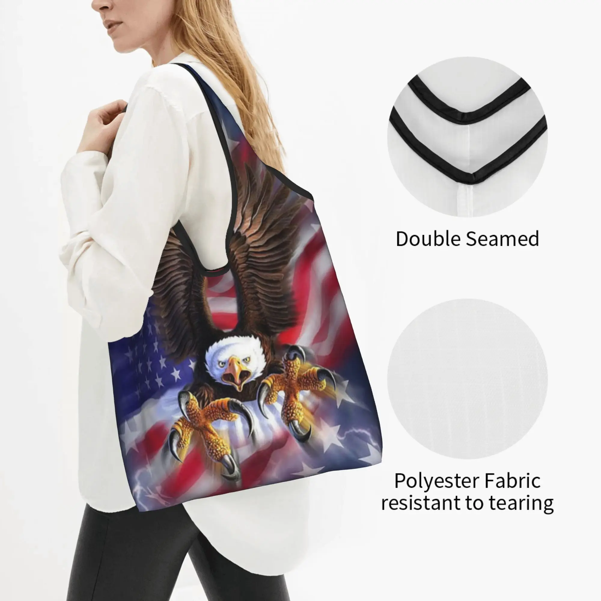 American Flag and Eagle  Grocery Tote Shopping Bag Women Custom US Patriotic Shopper Shoulder Bag Big Capacity Handbags