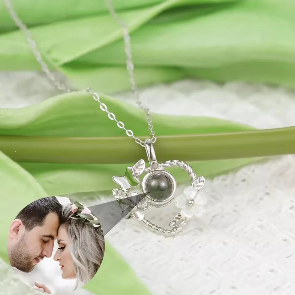 

Customized Photo 925 Silver Projection Necklace Heart shaped Silver Necklace Flower Pendant Necklace Valentine'sDay Jewelry