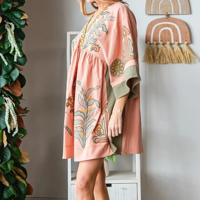 Women's Summer Floral Print Dress V-Neck Loose Fit Short Dress For Beach Print With A V-neck and Three-quarter Sleeves