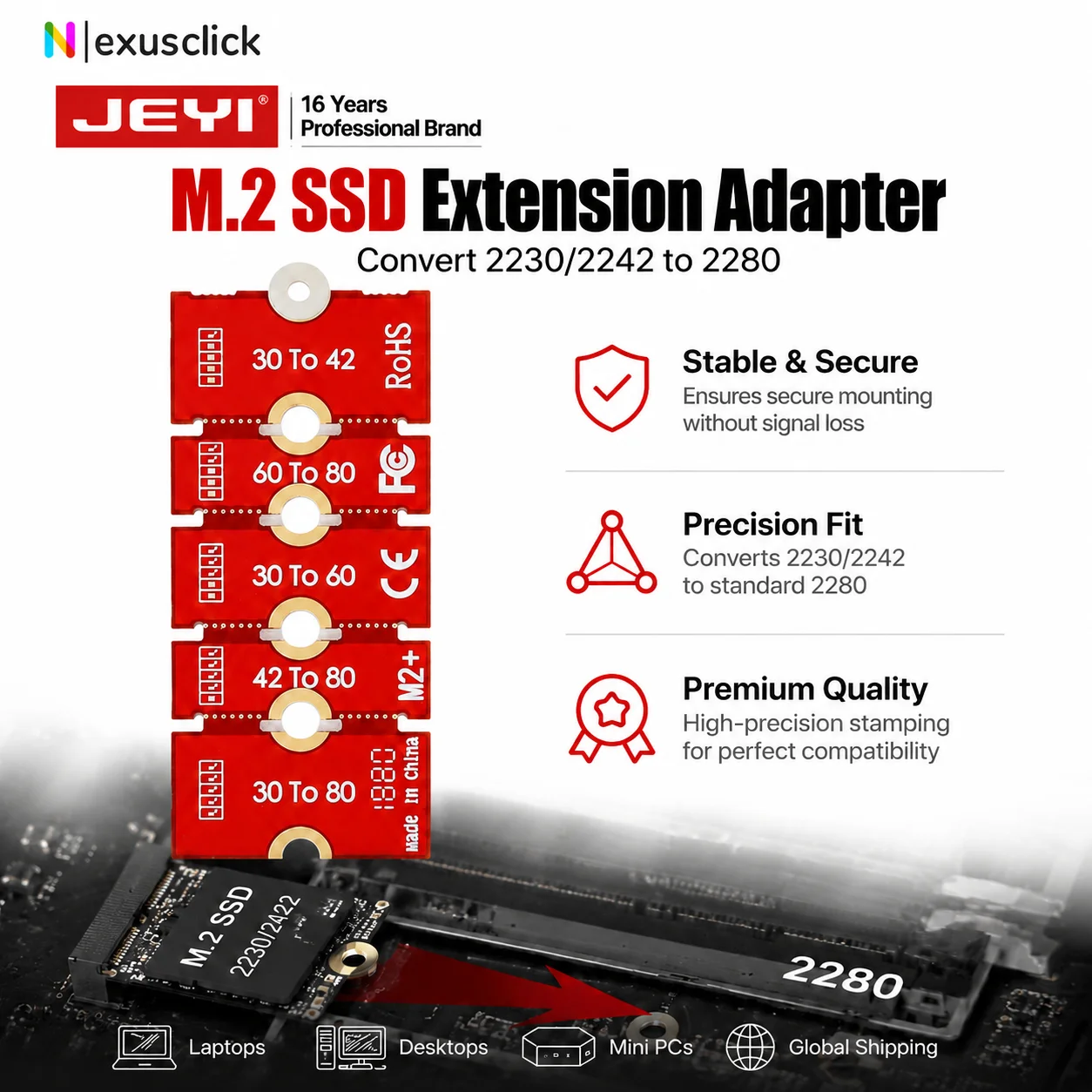 SSD Extension Adapter M2 2230 2242 to 2280 Transfer Card Extension Rack Board Bracket Card Riser Transfer Convert