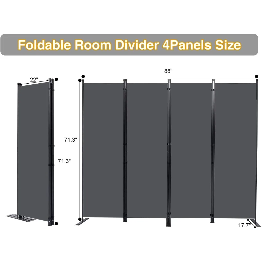 4 Panel Folding Room Divider with Wider Feet, Grey Privacy Screen