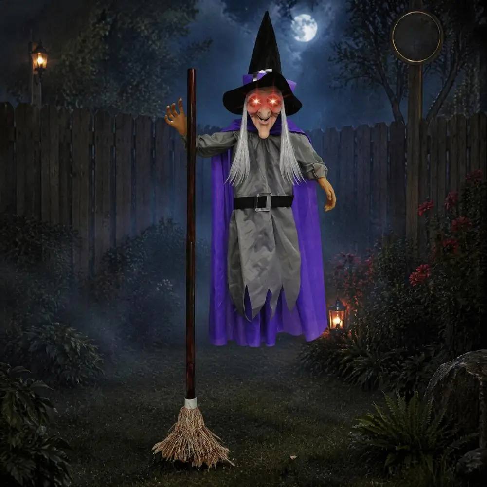 Sound Activated Props 180cm Flying Witch Halloween Prop with Lights Sounds Hovering Witch Decor for Garden Yard Lawn for Yard