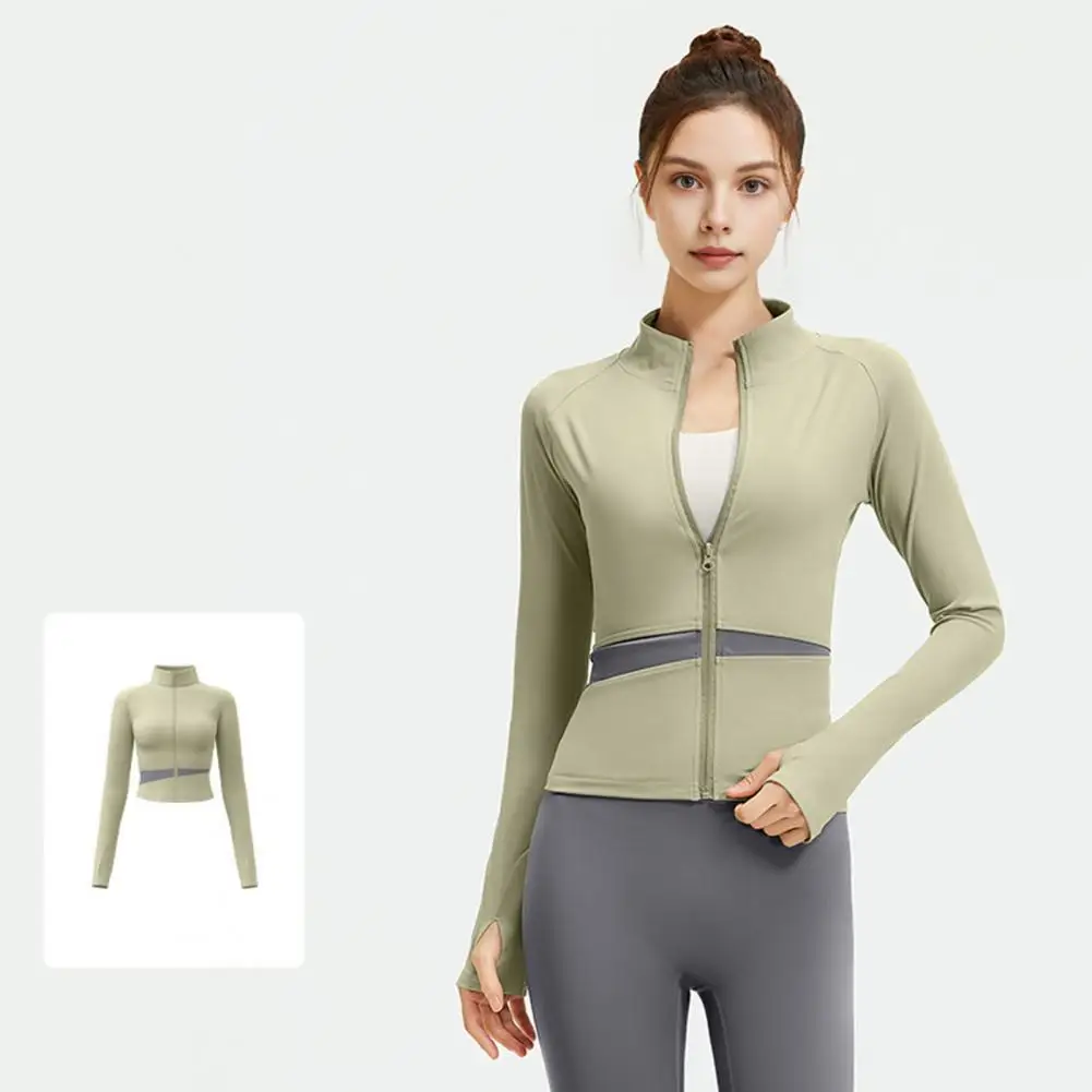 Women's Workout Jacket Full Zip Up Cropped Yoga Long Sleeve Slim Fit Athletic Top Running Sportwear For Fitness