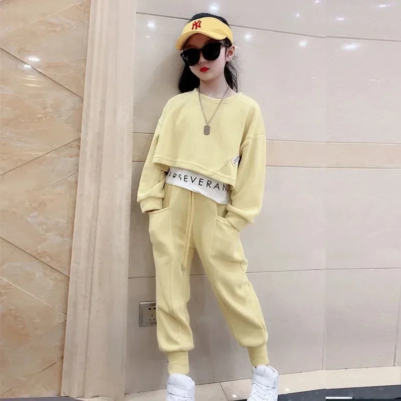 ZOETOPKID 2026 Teenager Gray Girls Sport Suit Spring Clothes Long Sleeve Top Sweatshirt Hooded & Pants Casual Children's Sets