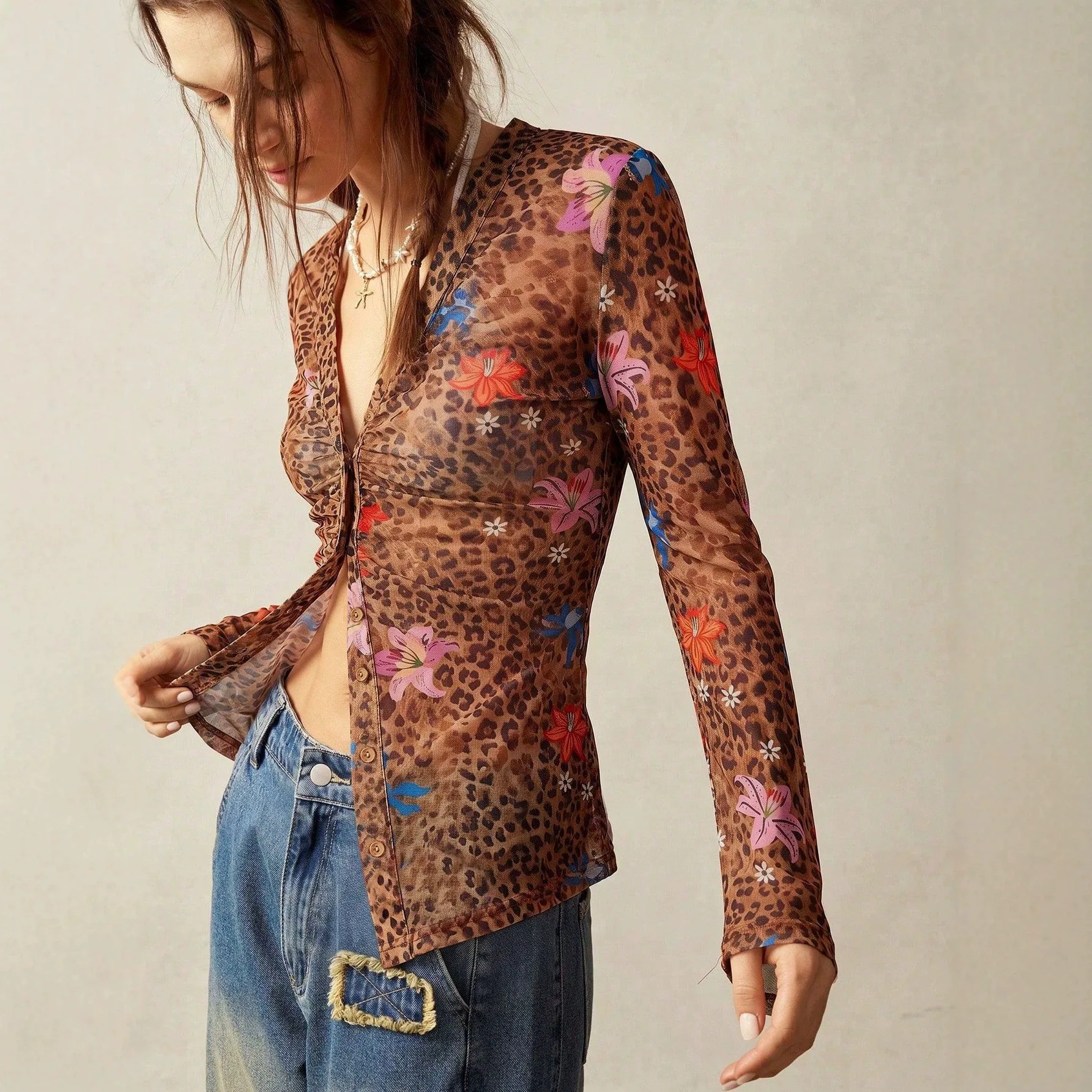 Women Leopard Floral Print Mesh Long Sleeve T Shirt Top  V Neck Button Front Sheer Flare Sleeve Y2K Blouse