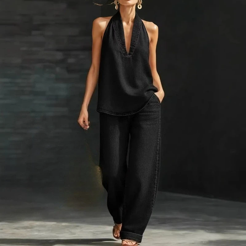 New Women's Collection of Spring Autumn Features A Retro Buttoned Denim Top A European American Style Paired with Wide-leg Jeans