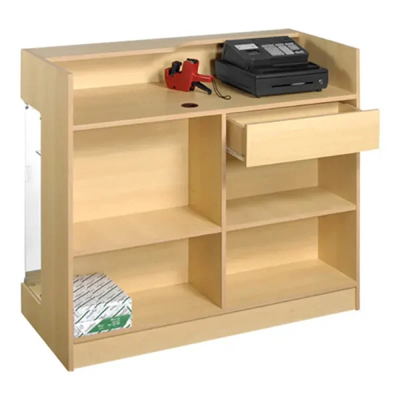custom.HIKUYA Hot Selling MDF Cash Register Wrap Counter Stand Cash Register Counter with Locking Showcase