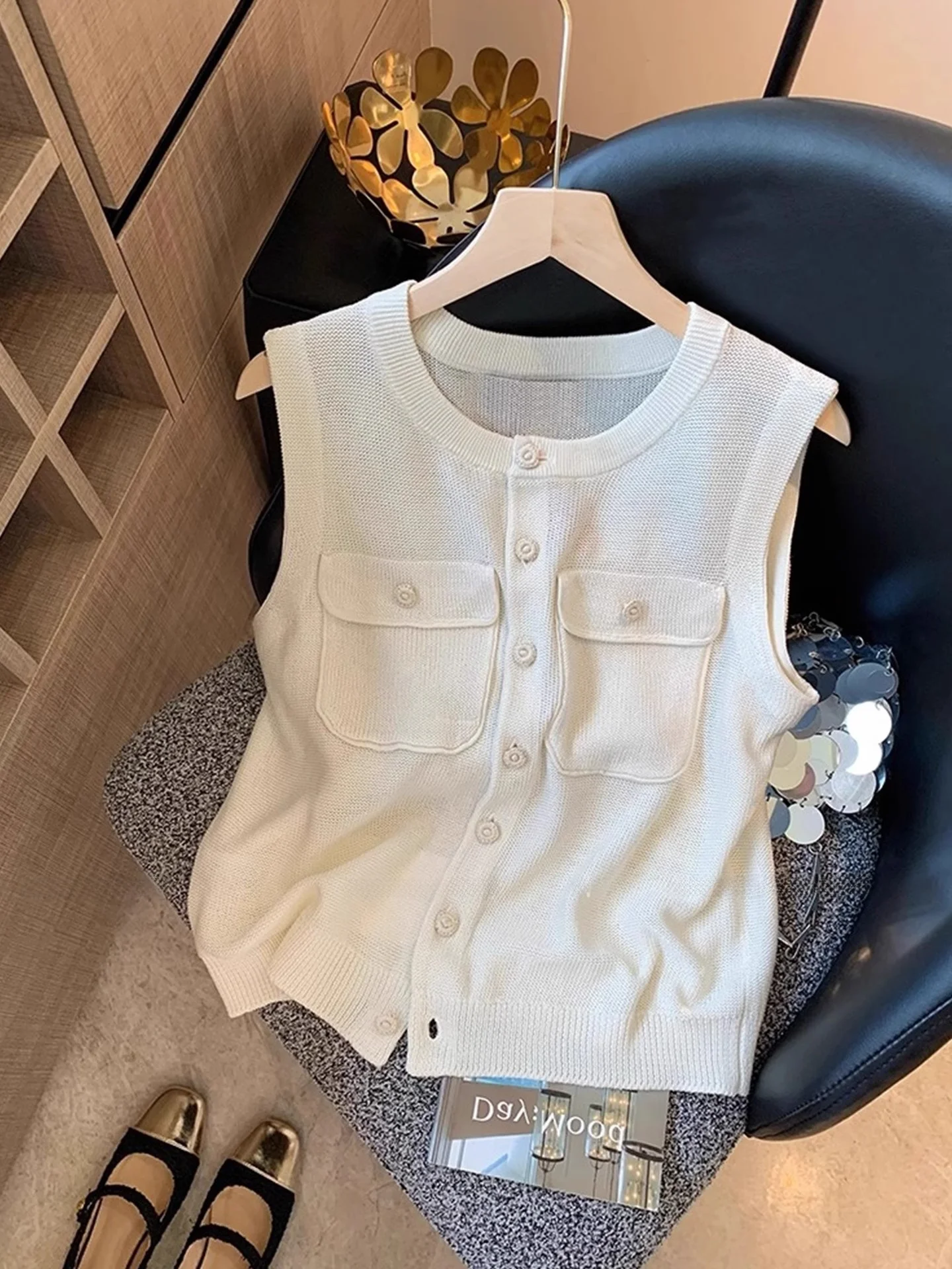 

Summer 2025 Women's Pure Color Svel Knitted Vest Breathable Base Layer Top Korean Sle Loose Fit Daily Wear round Ne