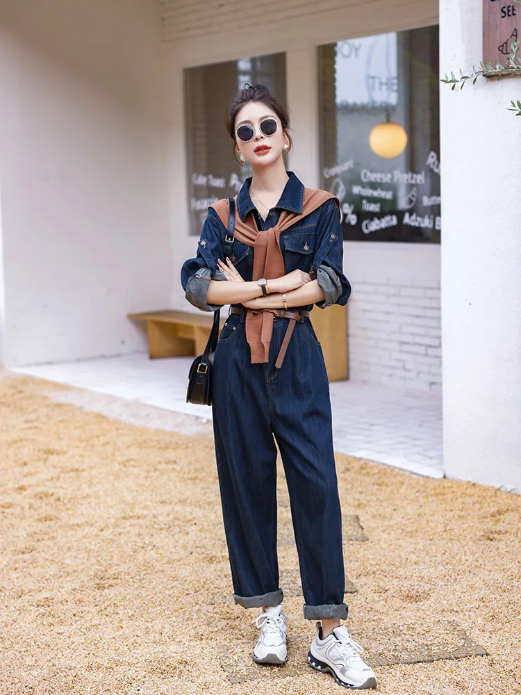 Unique Personali Denim Jumpsuit Women's Faionable Age-Defng High-Waist Straight-Leg Single-Piece Clothing