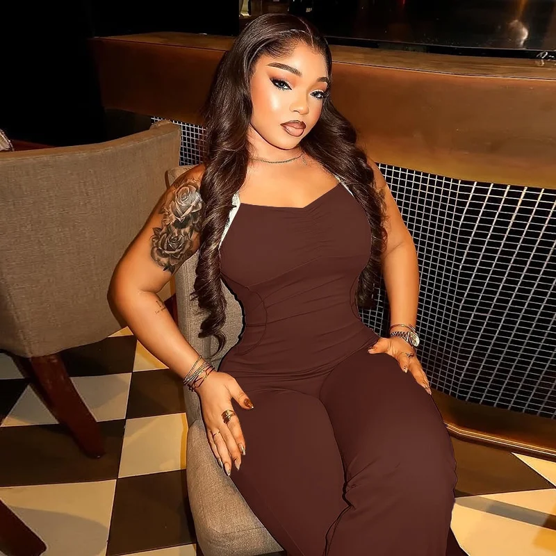 Confortable décontracté couleur pure Patchwork Bell Bot Onesie sangle Ba longue longueur vêtements de sport transfrontaliers pour femmes par Xia an R...