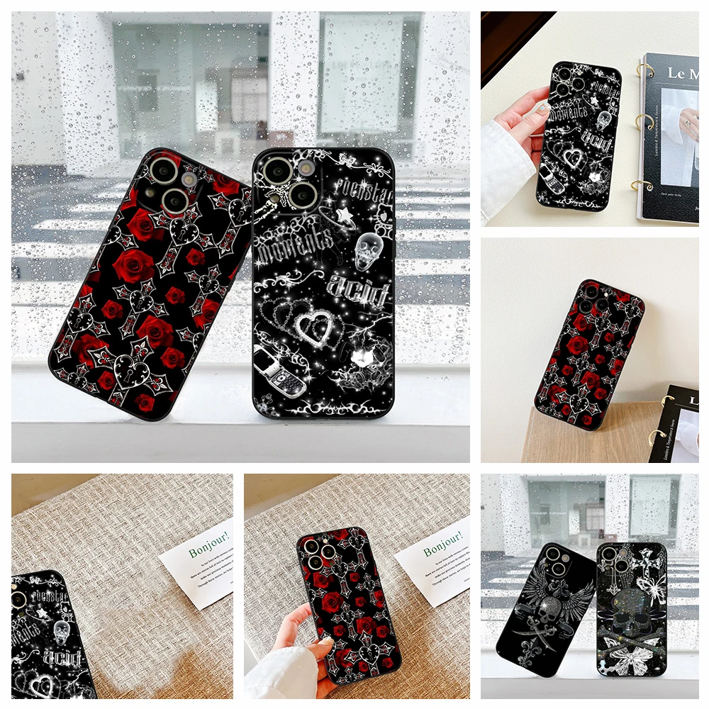 Gothic Cross Skull Y2K Phone Case for Iphone 15 14 12 11 13 Pro Max XR 7 8 14 15 Plus Soft Phone Dark Elements Covers