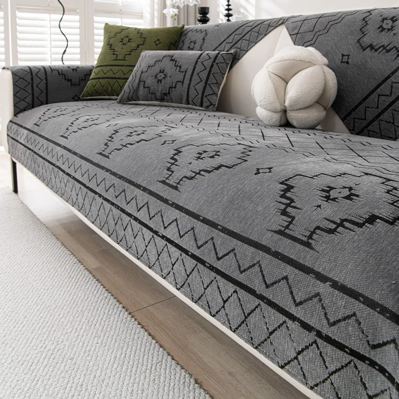 Bohemian Ethnic Chenille Sofa Pad All Season Non Slip Couch Seat Cover Retro Geometric Pattern Soft Furn Decor Mat Living Room