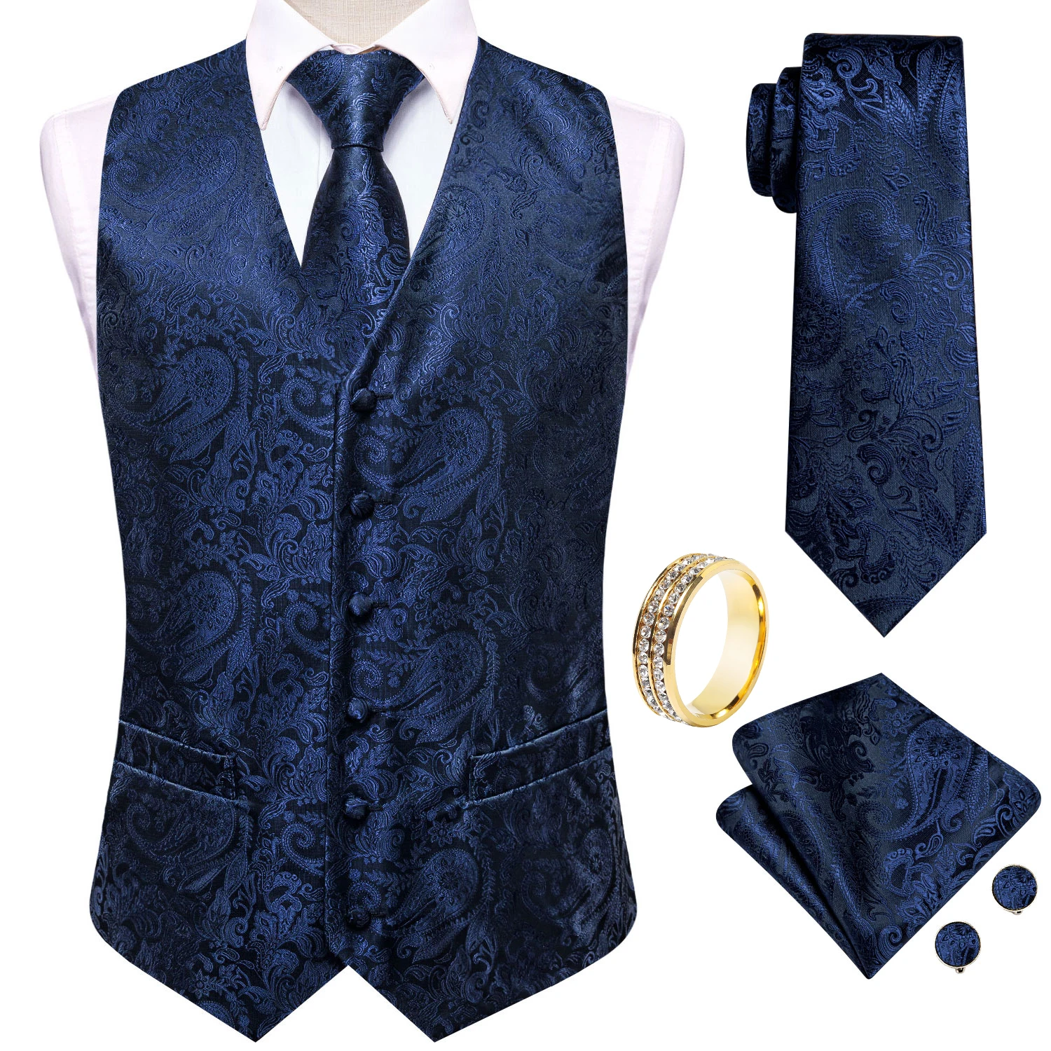 Navy Paisley V-Neck Vest Accessory Kit Tie Pocket Square Cufflinks Ring For Vintage Anniversary Gala