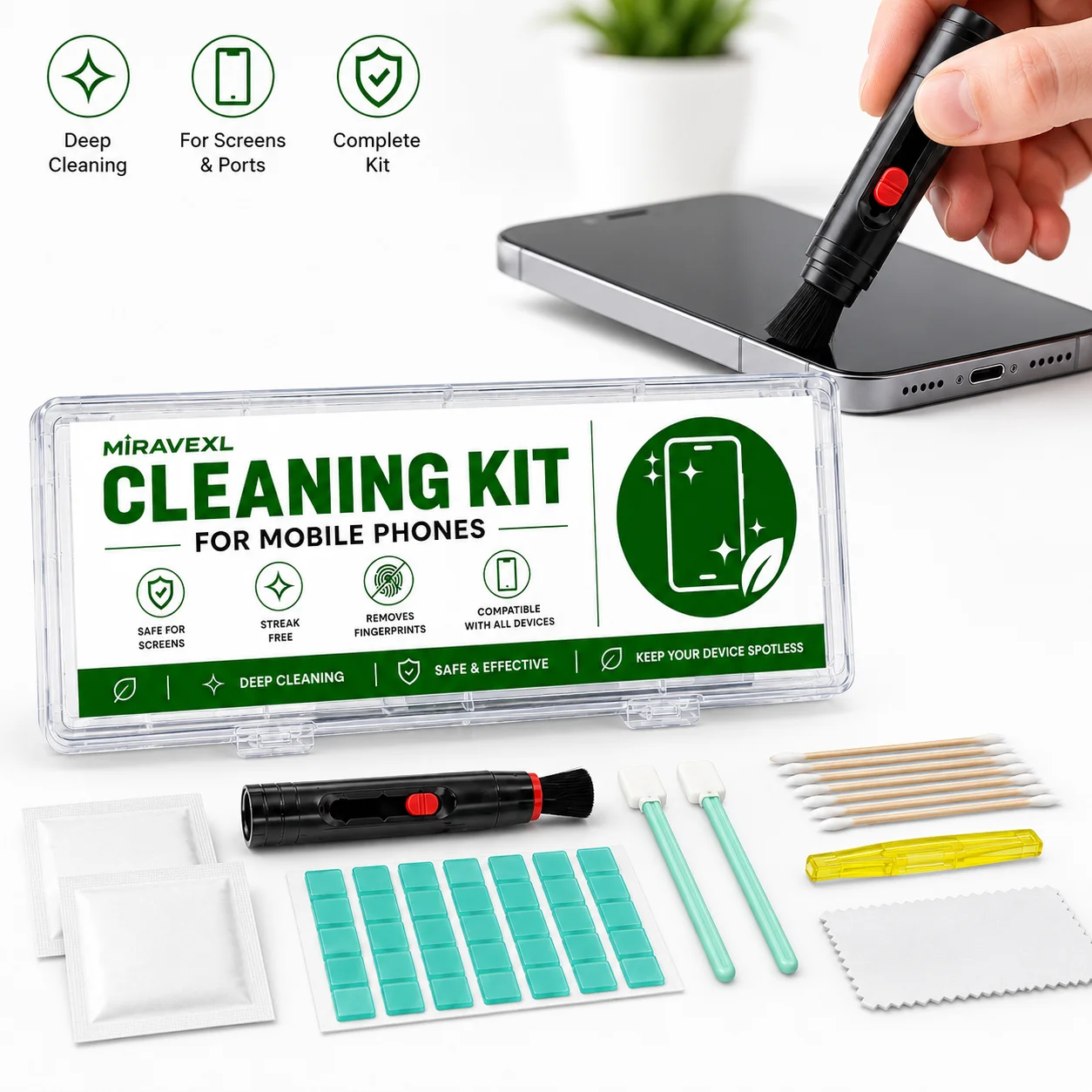 Mobile Phone Cleaning Kit Compatible with All Devices, Deep Clean Screen Fingerprint Remover with Brush Swabs Gel Strips Cloth