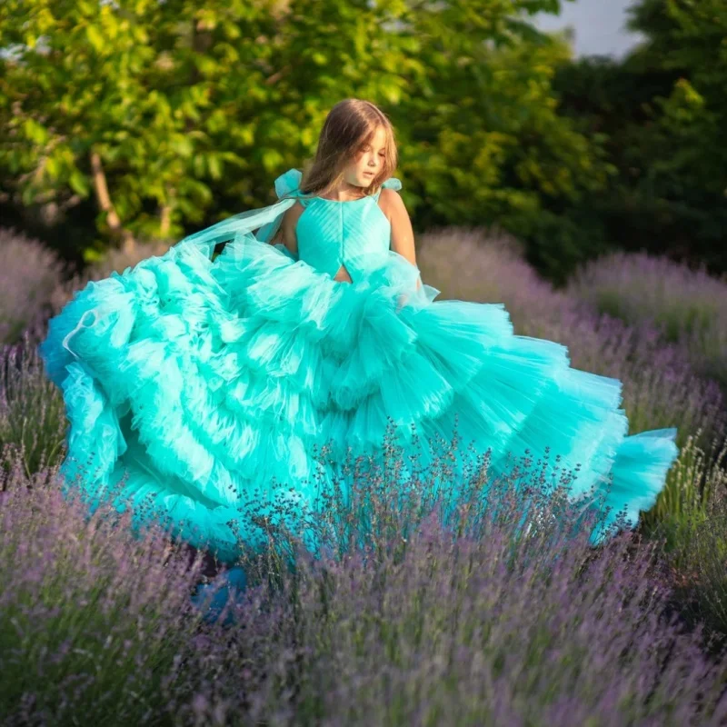 Custom Flower Girl Dresses Halter Neck Shoulder Bow Front Cutout Voluminous Multi-Layer Fluffy Ruffle Tulle Floor Length
