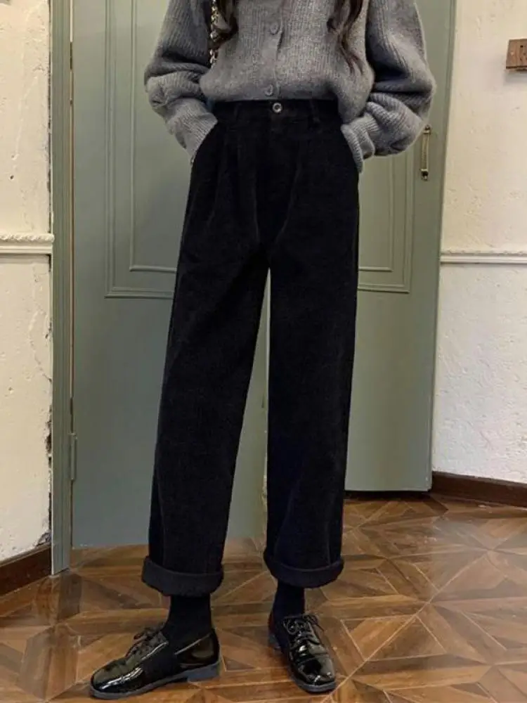 zjaiss Vintage Corduroy Pants High Waist Spring Straight Trousers Causal Pockets All Match Female Black Korean Pants