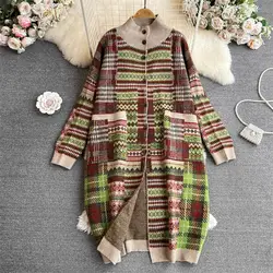 Retro Ethnic Style Sweater Coat Women's Autumn Winter Oversized Stand Neck Single Breasted Knitted Jacquard Dress Cardigan Z2860