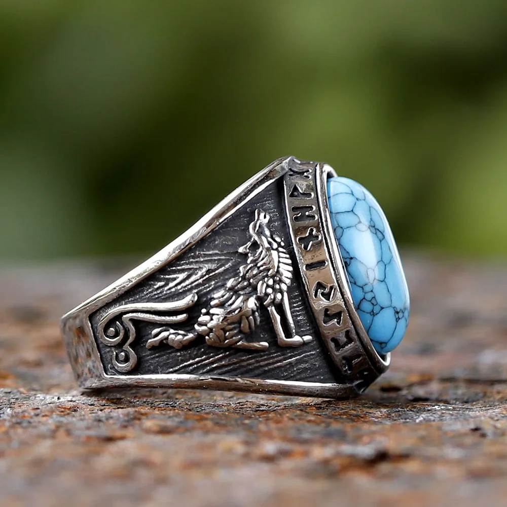 2024 New Fashion 316L Stainless Steel Viking rune and wolf Ring with green zircon Biker Cool Jewelry Wholesale Gift