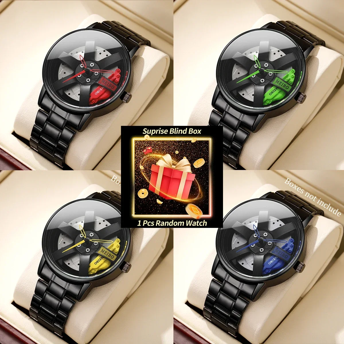 Creative Car Wheel Hub Men Watch, Racing Rim Dial Quartz Wristwatch, Stainless Steel Band Fashion Sports Blind Box Watch