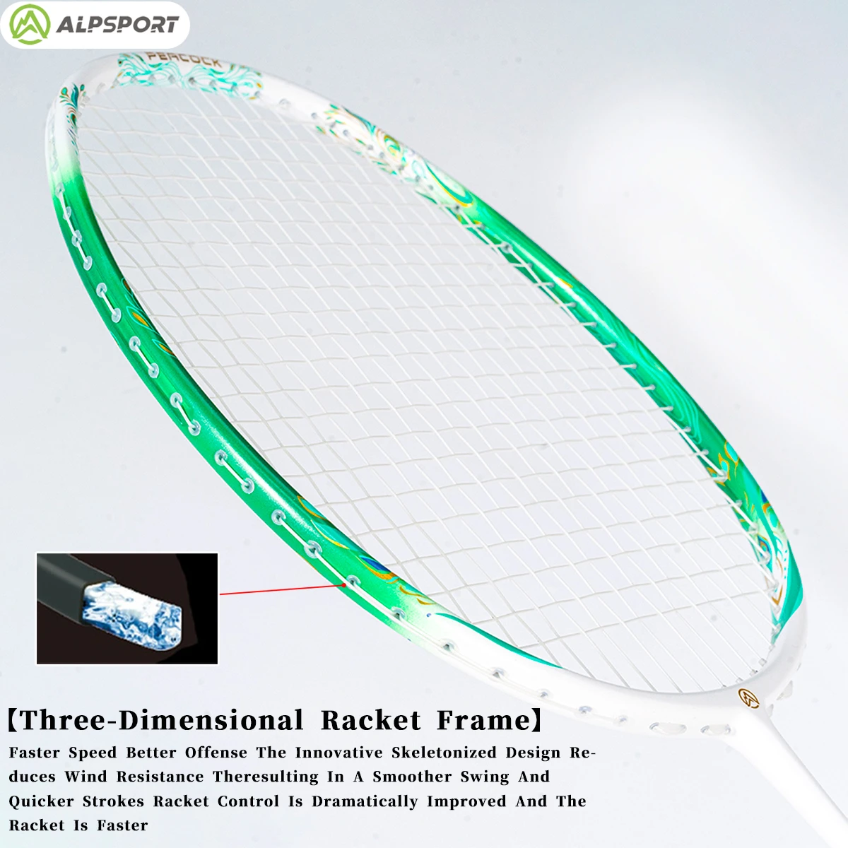 ALPSPORT Peacock 4U 52g Max 35 LBS Super Light 100% Full Carbon Fiber Green Badminton Racket With String White Red Racquet