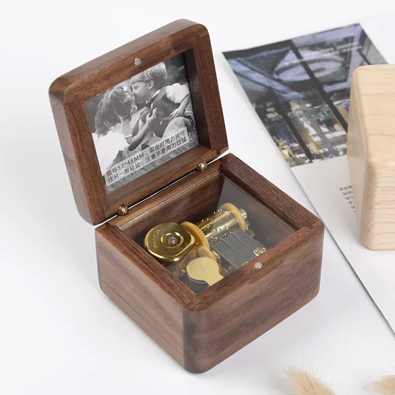 Wooden Photo Music Box DIY Engraved Walnut Keepsake Gift Creative Present for Loved Ones