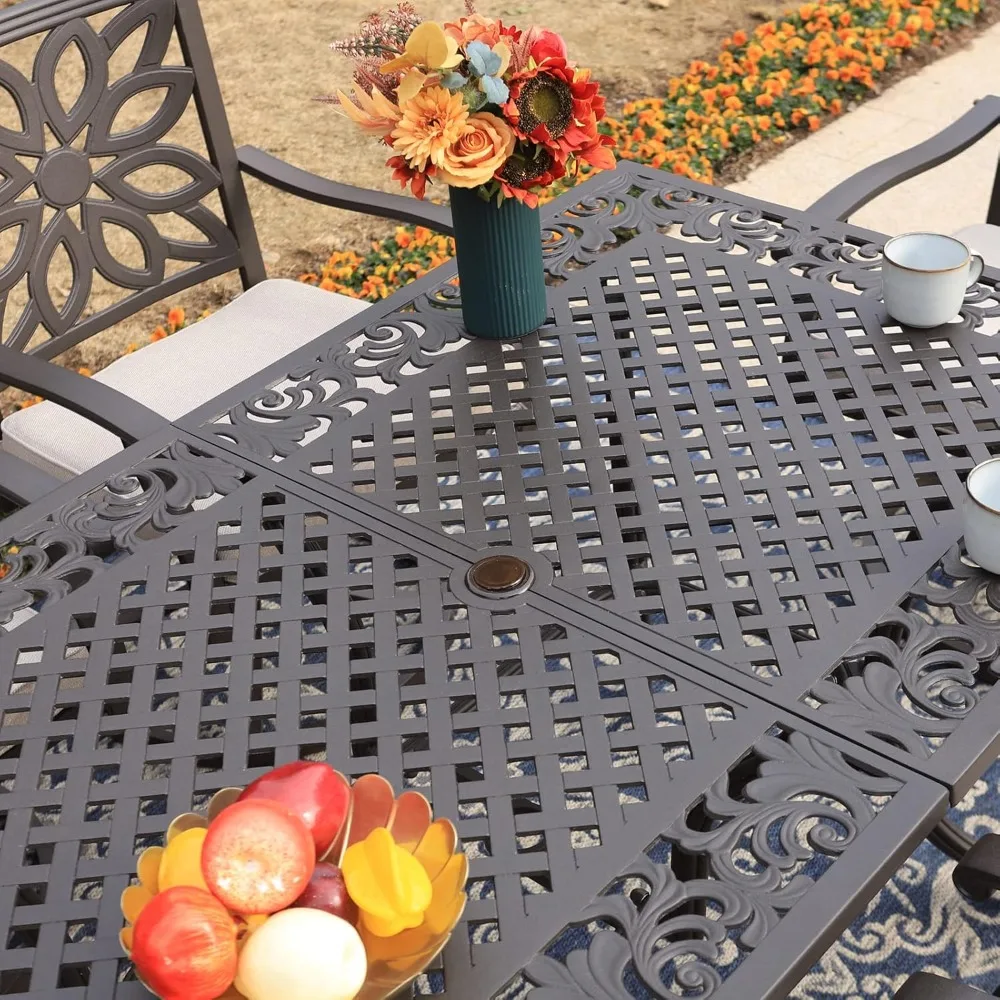 

6-Person Rectangular Cast Aluminium Outdoor Dining Table, Patio Bistro Table with 2.3" Umbrella Hole for Porch Backyard