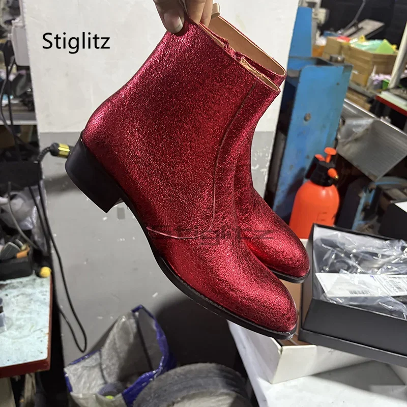 Red Genuine Leather Chelsea Boots for Men Pointed Toe Ankle Boots British Style Med Heel Business Dress Wedding Male Shoes