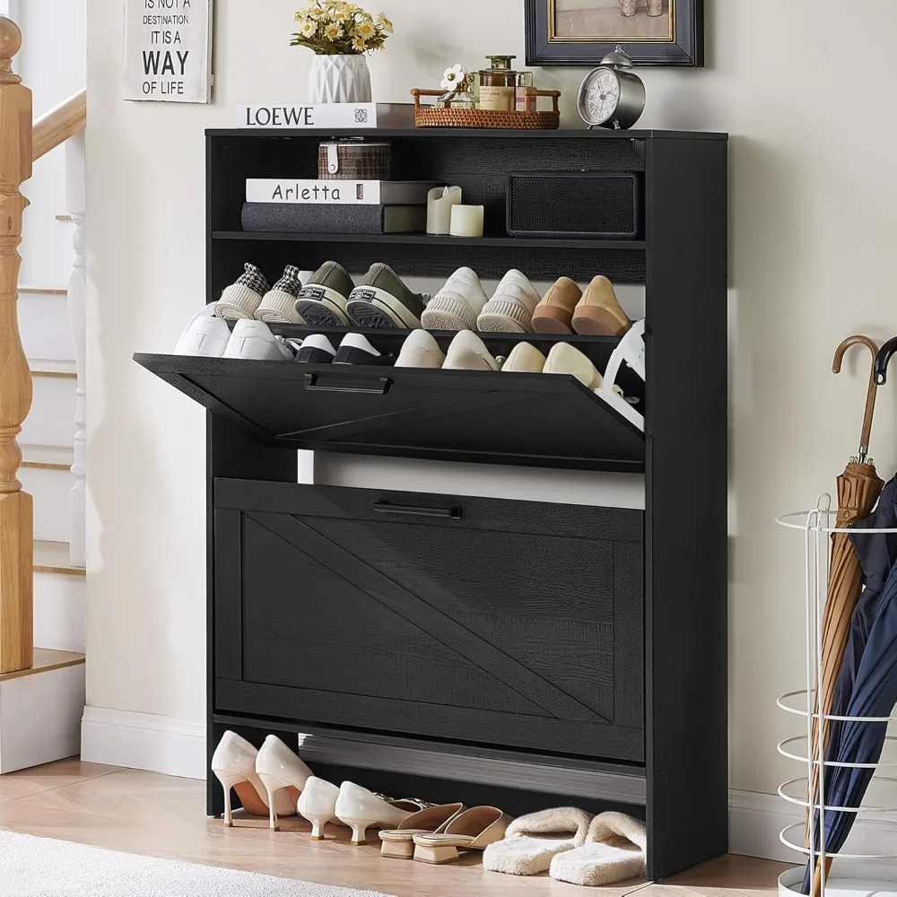 

Shoe storage cabinet with 2 flip drawers, farmhouse narrow shoe storage cabinet with legs