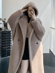 New Hooded Teddy Bear Long Coat Women Thick Alpaca Wool Loose Real Fur Turn-down Collar Fashion Wool Coat Warm Fit Autumn Winter