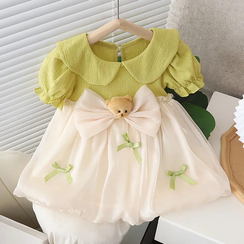 Summer Baby Girl Dress Puff Sleeve Birthday Costume Doll Collar Cute Princess Dress Kid Girl Clothes Bow Bear Child Skirt A1349