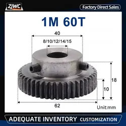 1Piece 1M60T Spur Gear Bore 8/10/12/15mm 1 Mod 60 Teeth Motor Gear Low 45# Steel Material Metal Gear For Motor