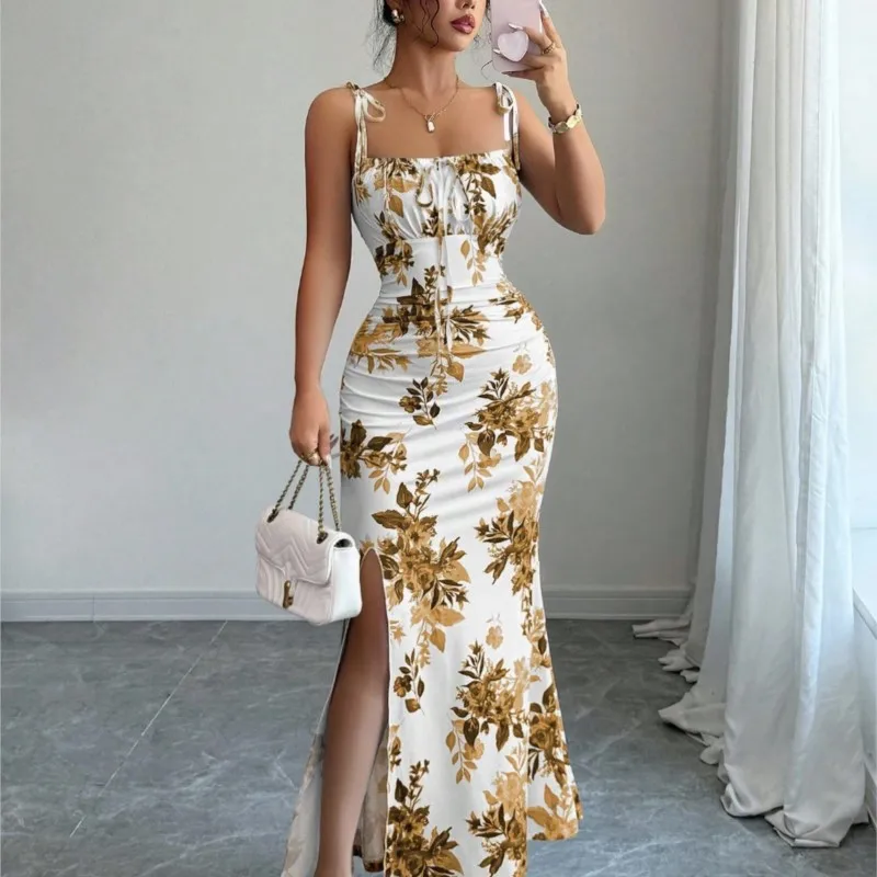 

Women New Floral Printed Long Dresses Summer Fashion Suspender Long Skirt Slim Sexy Side Split Dress Ladies Party Dress Vestido