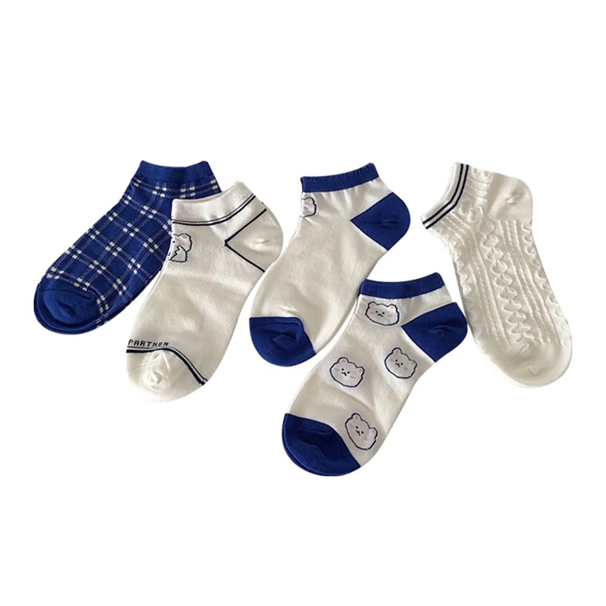 5 Paar feminine Frühlings- und Sommersocken aus saphirblauem Kaninchen mit flachem Mund und unsichtbarem Socken